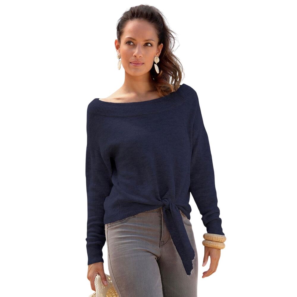 LASCANA Boatneck Blue Sweater | Tie Waist Cozy Lightweight Fall Top | SMALL